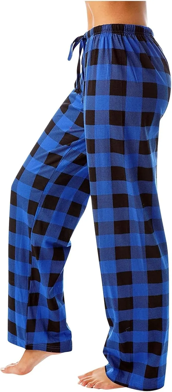 Plaid Pajama Pants Women Stretch Comfy Lounge Pj Pants Drawstring Lounge Striped Pajama Bottoms with Pockets