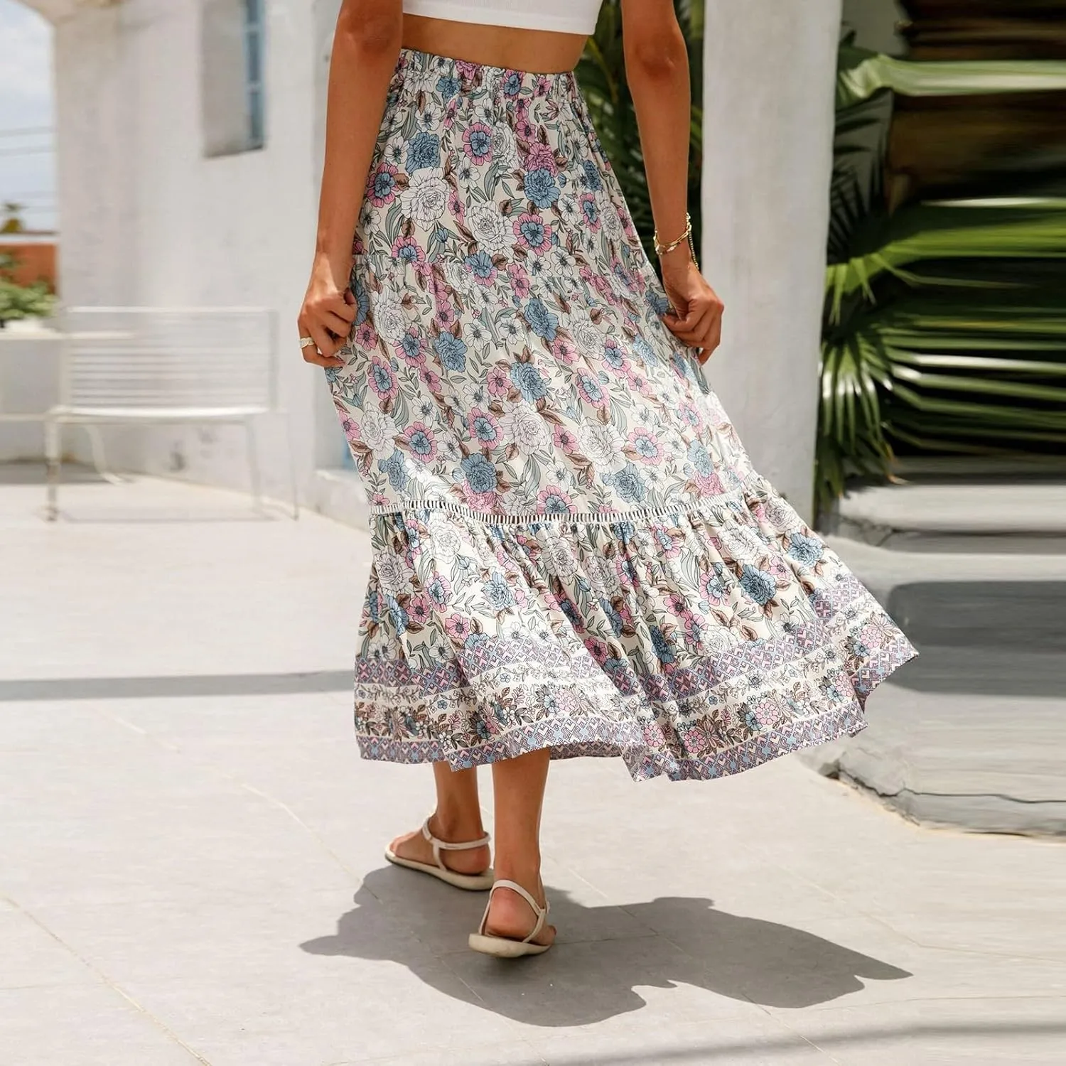 Pleated Skirts for Women, Long Boho Skirt Spring Summer Casual Flowy Maxi Skirts 2025 Trendy Wrap Tiered