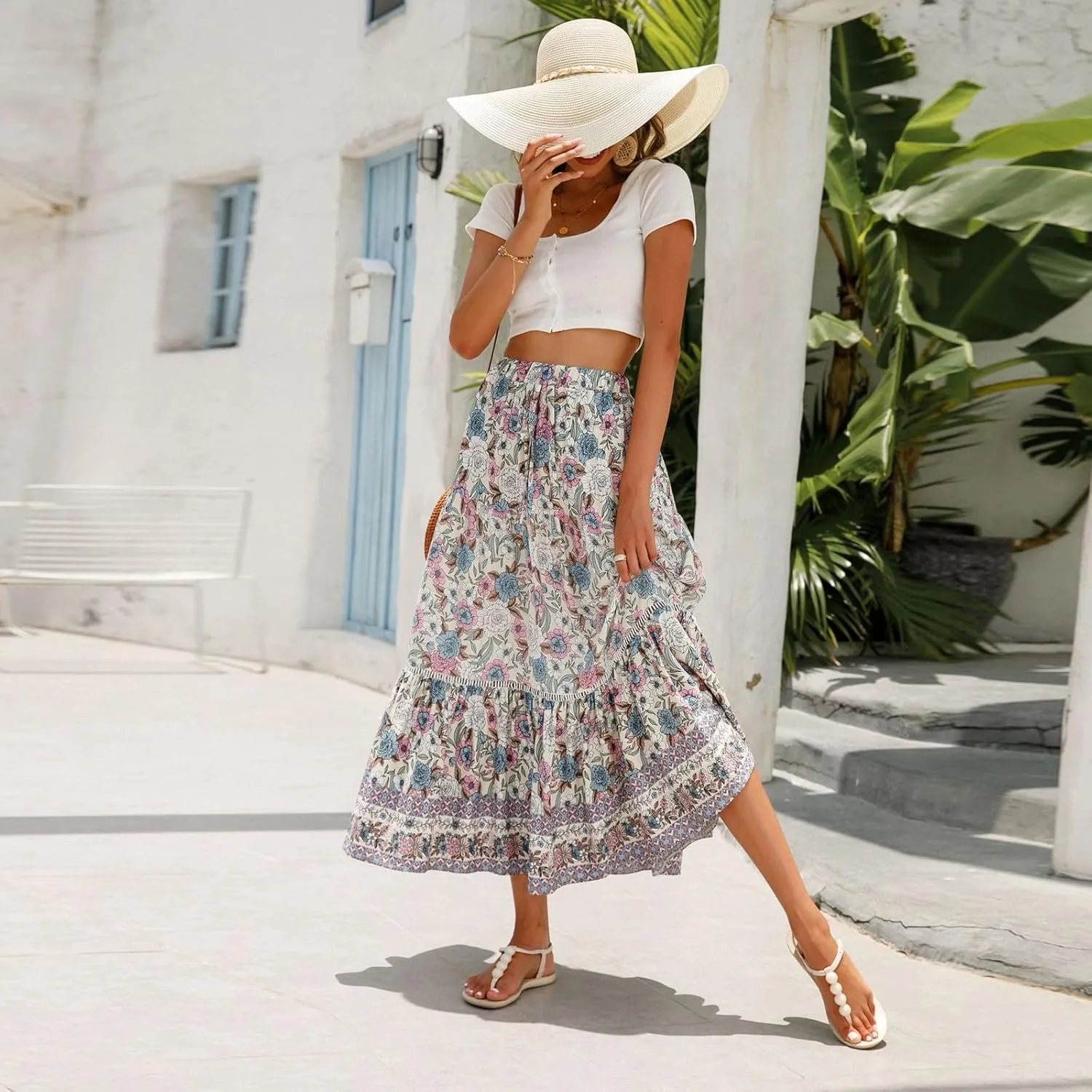 Pleated Skirts for Women, Long Boho Skirt Spring Summer Casual Flowy Maxi Skirts 2025 Trendy Wrap Tiered