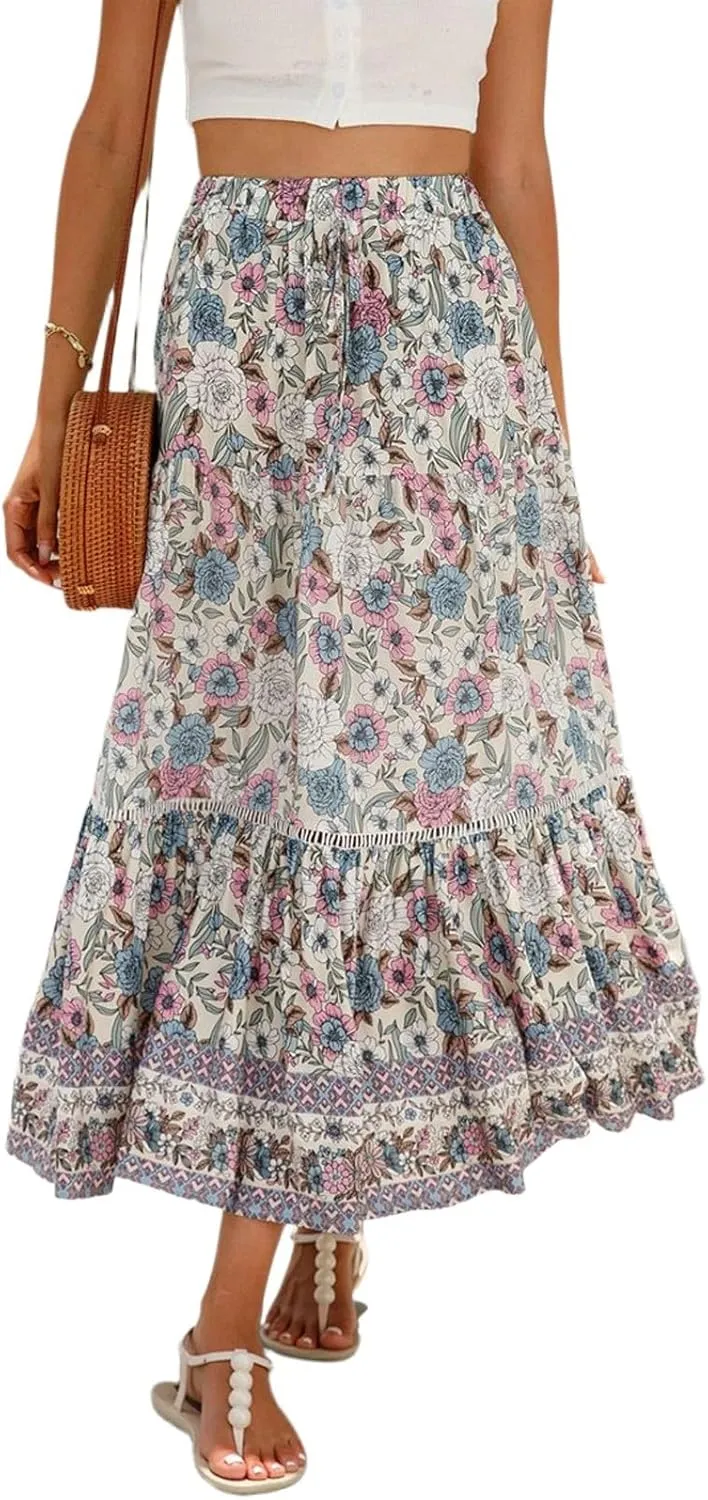 Pleated Skirts for Women, Long Boho Skirt Spring Summer Casual Flowy Maxi Skirts 2025 Trendy Wrap Tiered