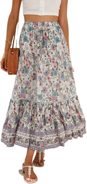 Pleated Skirts for Women, Long Boho Skirt Spring Summer Casual Flowy Maxi Skirts 2025 Trendy Wrap Tiered