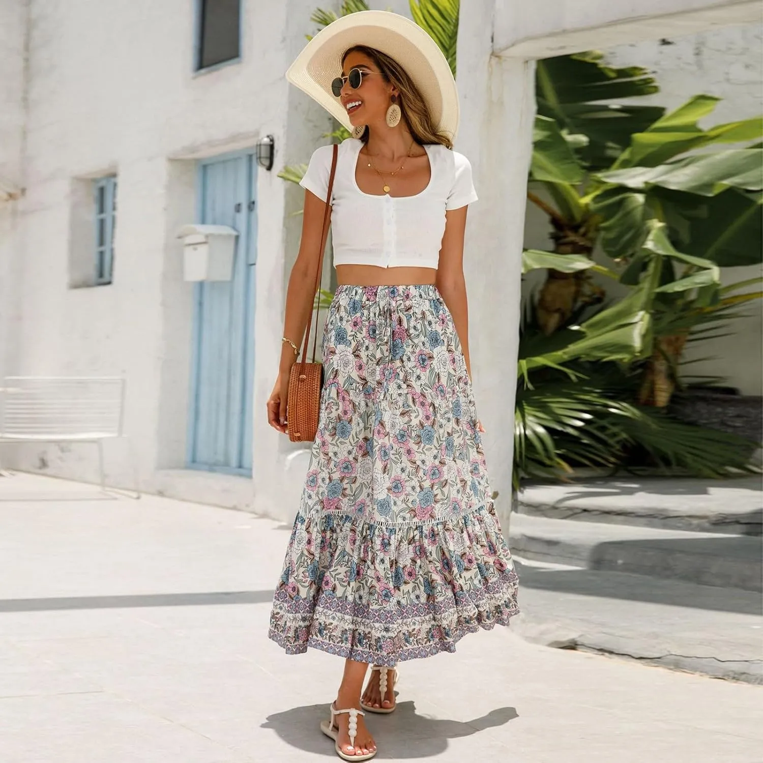 Pleated Skirts for Women, Long Boho Skirt Spring Summer Casual Flowy Maxi Skirts 2025 Trendy Wrap Tiered