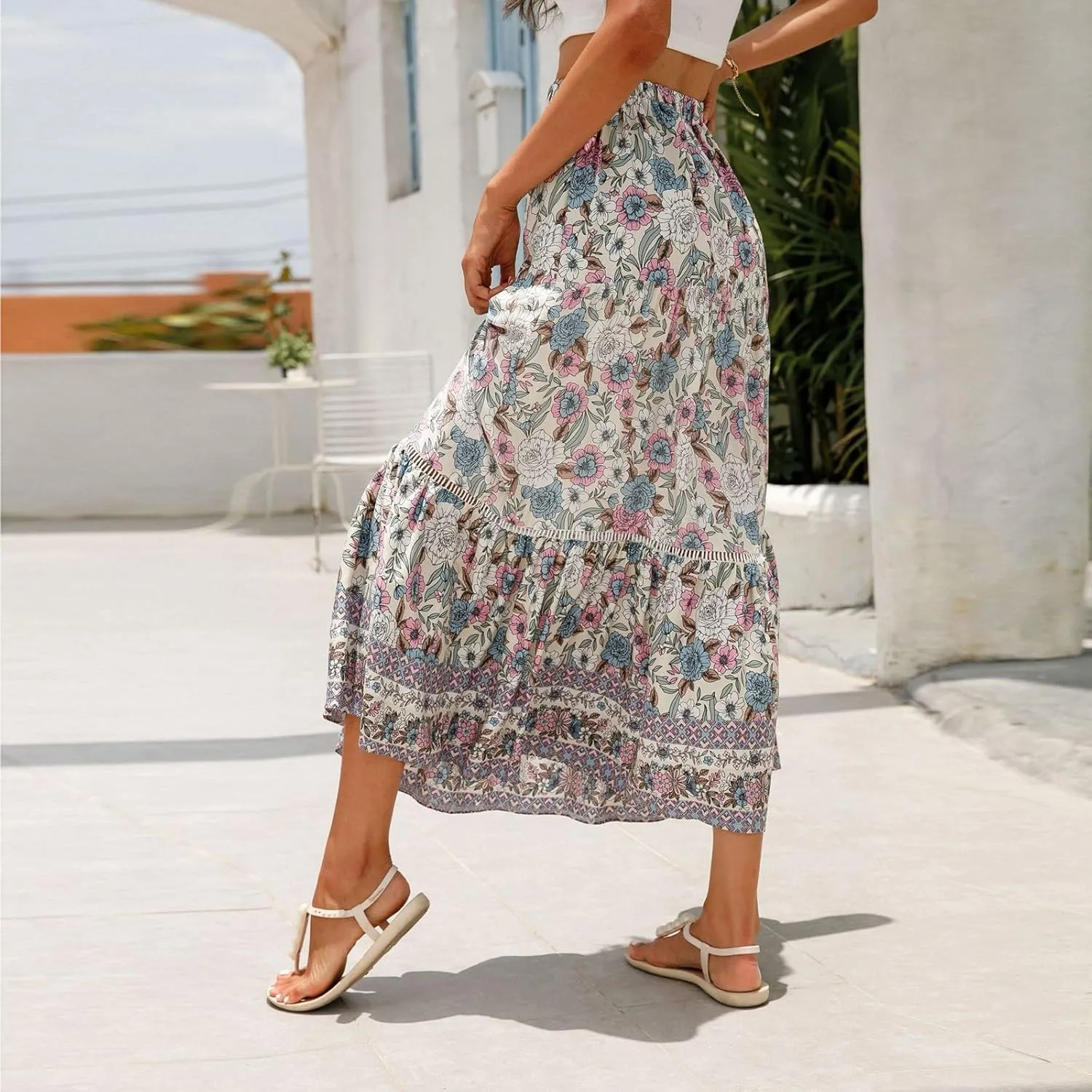 Pleated Skirts for Women, Long Boho Skirt Spring Summer Casual Flowy Maxi Skirts 2025 Trendy Wrap Tiered