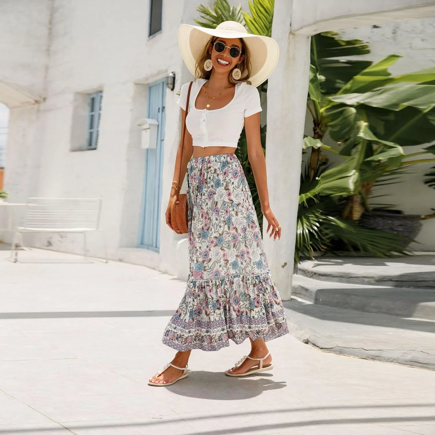 Pleated Skirts for Women, Long Boho Skirt Spring Summer Casual Flowy Maxi Skirts 2025 Trendy Wrap Tiered