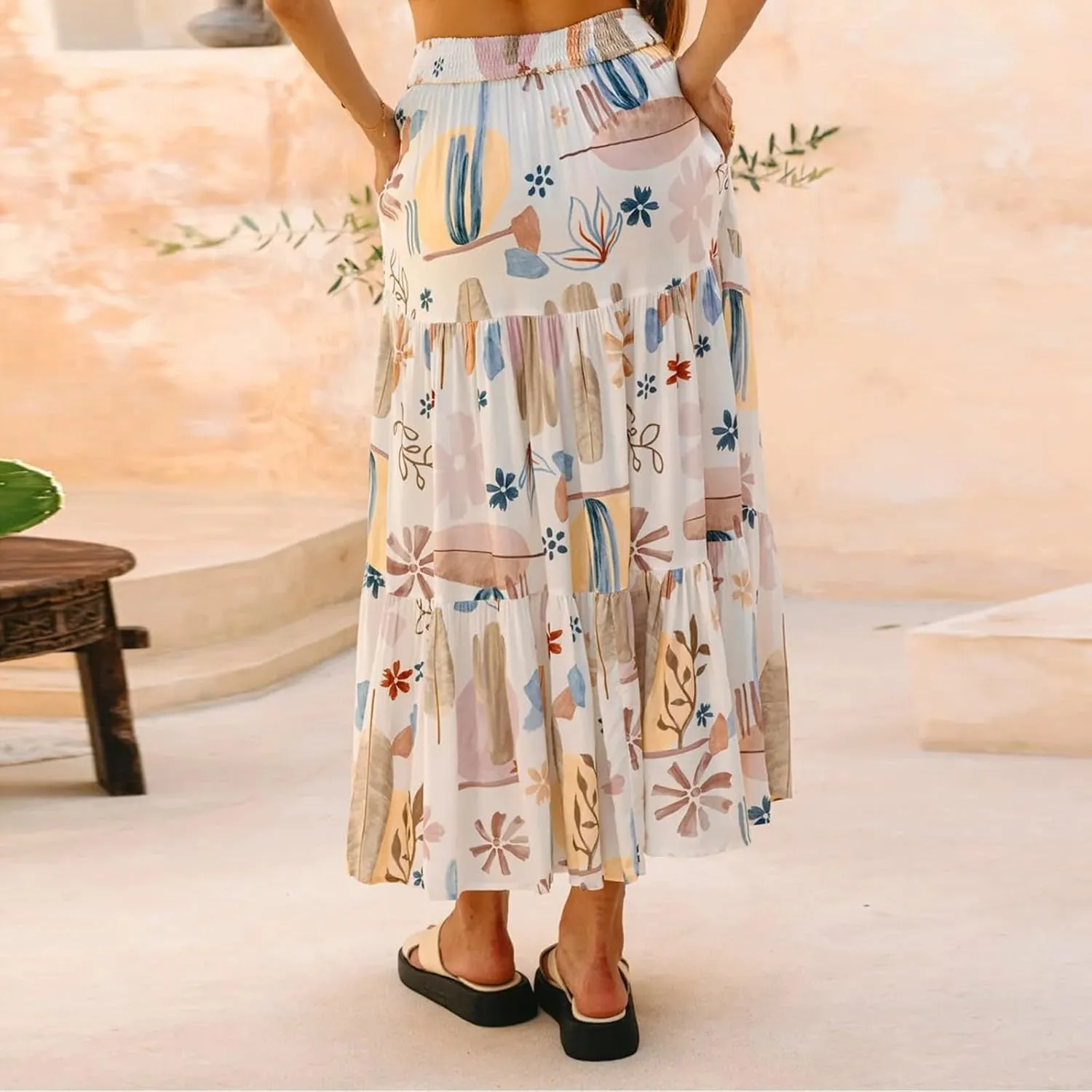 Pleated Skirts for Women,Wrap Drawstring Tiered Flowy Maxi Skirts 2025 Trendy Casual Long Boho Skirt Spring Summer