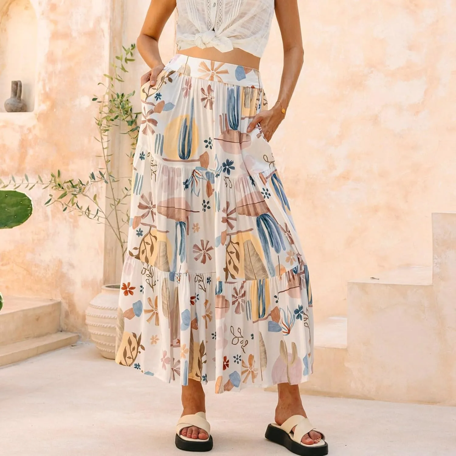 Pleated Skirts for Women,Wrap Drawstring Tiered Flowy Maxi Skirts 2025 Trendy Casual Long Boho Skirt Spring Summer
