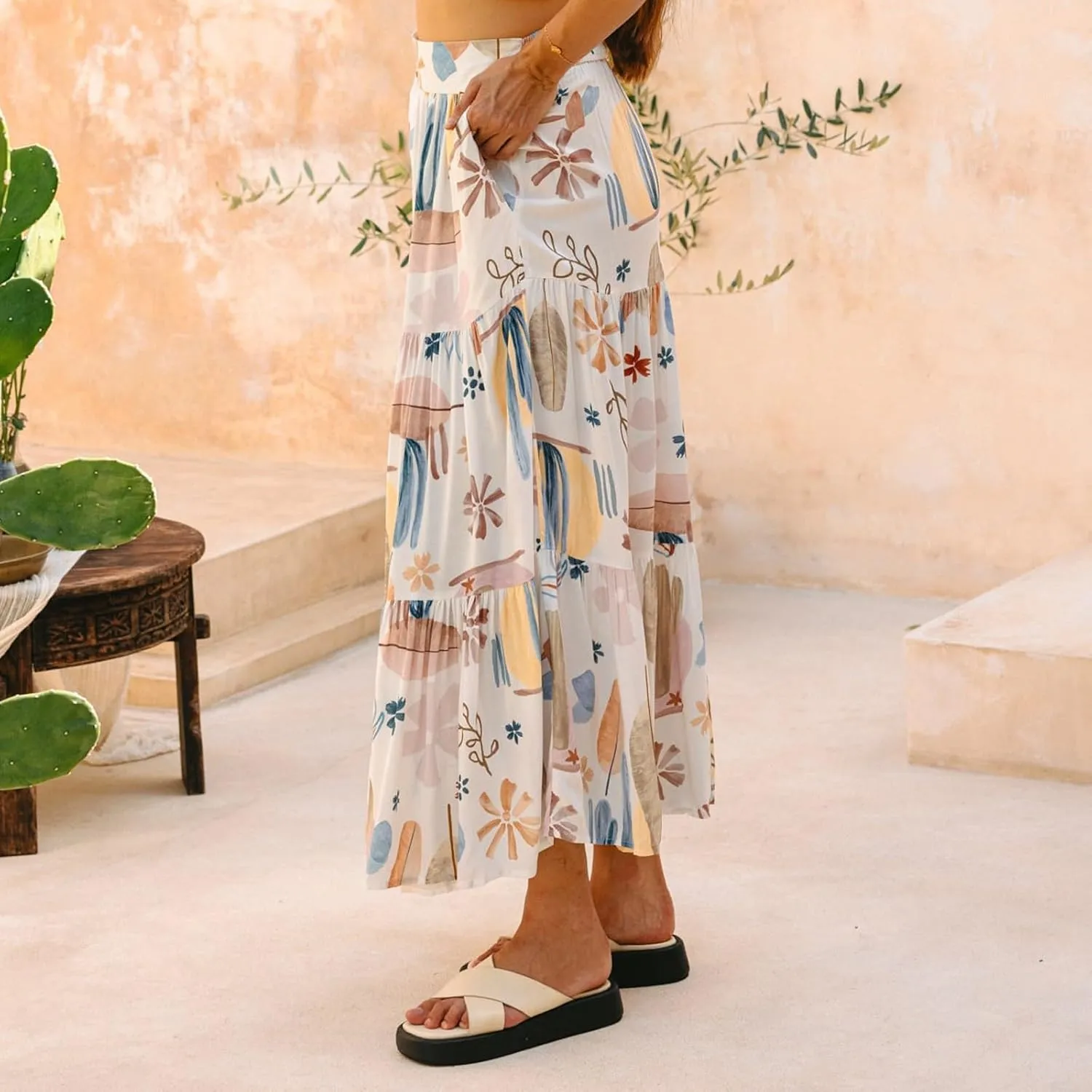Pleated Skirts for Women,Wrap Drawstring Tiered Flowy Maxi Skirts 2025 Trendy Casual Long Boho Skirt Spring Summer