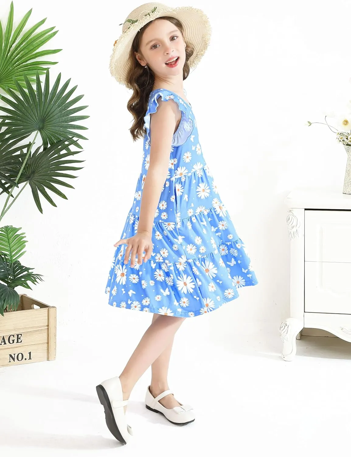 Poroka Girls Ruffle Sleeve Dress Tiered Swing A-Line Twirly Skater Dresses Kids Midi Casual Summer Sundress with Pockets