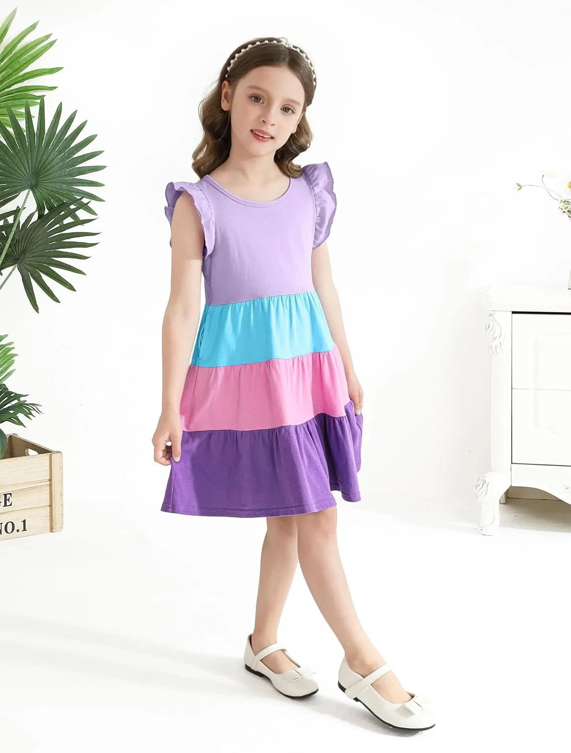 Poroka Girls Ruffle Sleeve Dress Tiered Swing A-Line Twirly Skater Dresses Kids Midi Casual Summer Sundress with Pockets