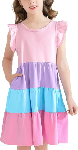 Poroka Girls Ruffle Sleeve Dress Tiered Swing A-Line Twirly Skater Dresses Kids Midi Casual Summer Sundress with Pockets