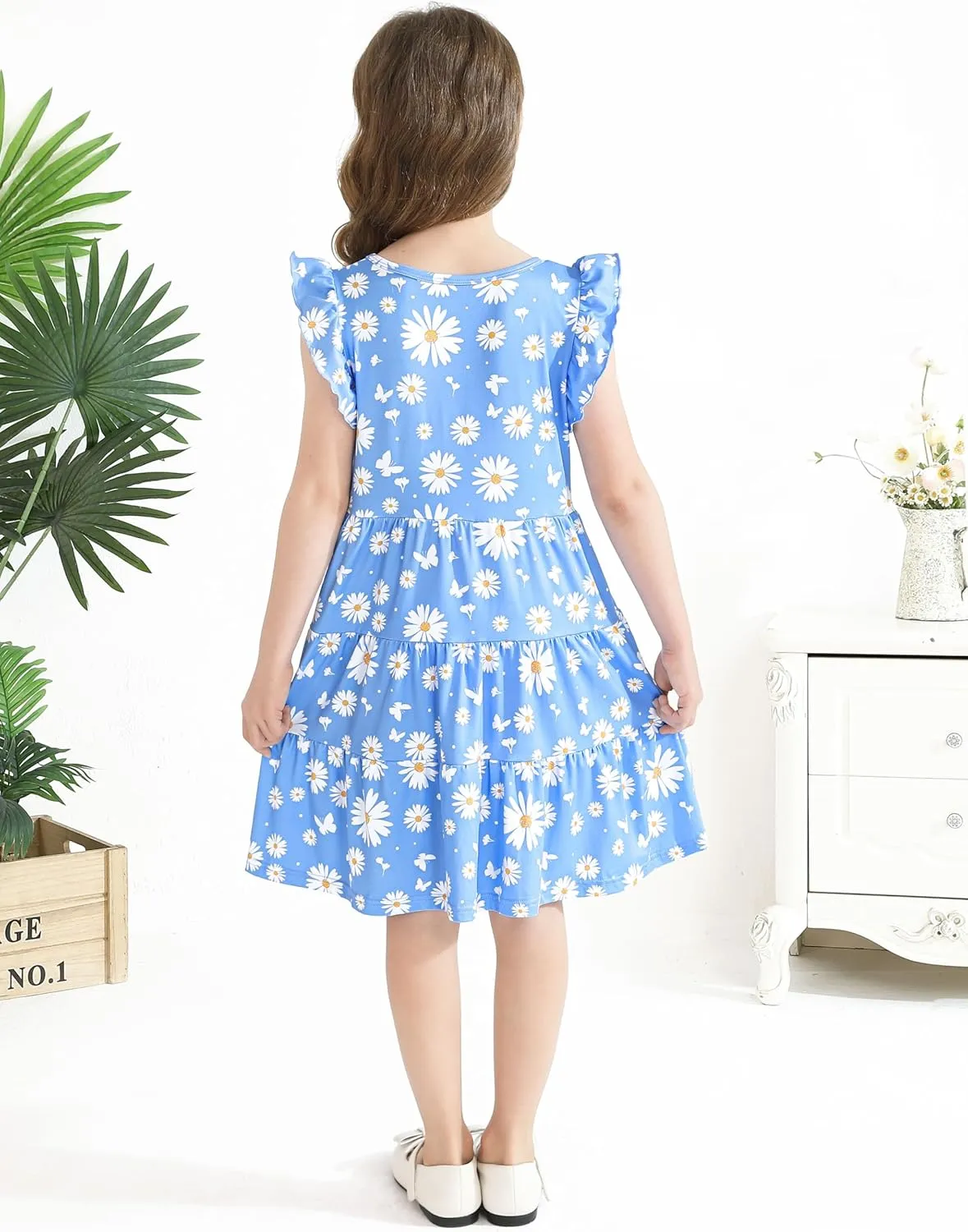 Poroka Girls Ruffle Sleeve Dress Tiered Swing A-Line Twirly Skater Dresses Kids Midi Casual Summer Sundress with Pockets