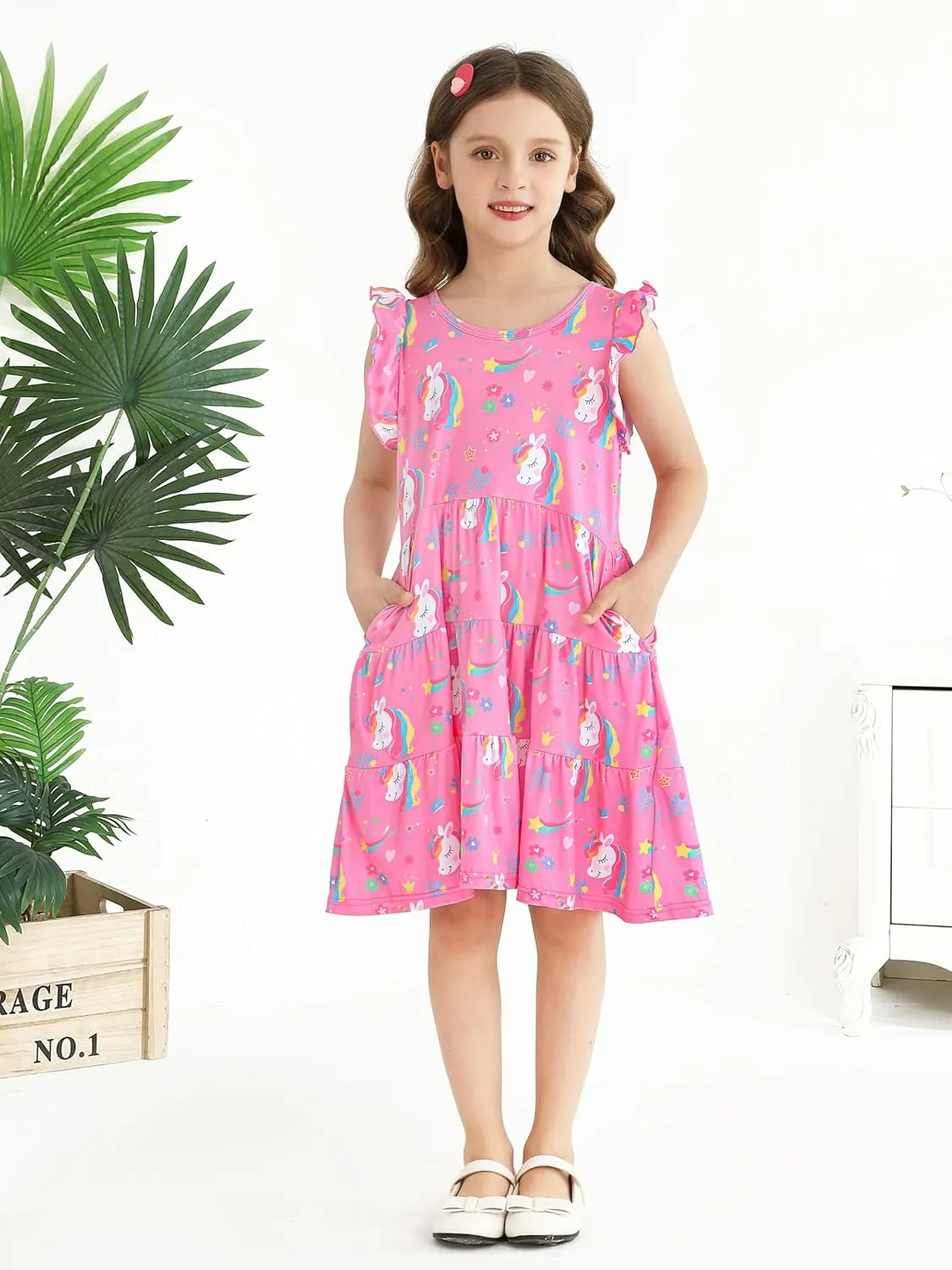 Poroka Girls Ruffle Sleeve Dress Tiered Swing A-Line Twirly Skater Dresses Kids Midi Casual Summer Sundress with Pockets