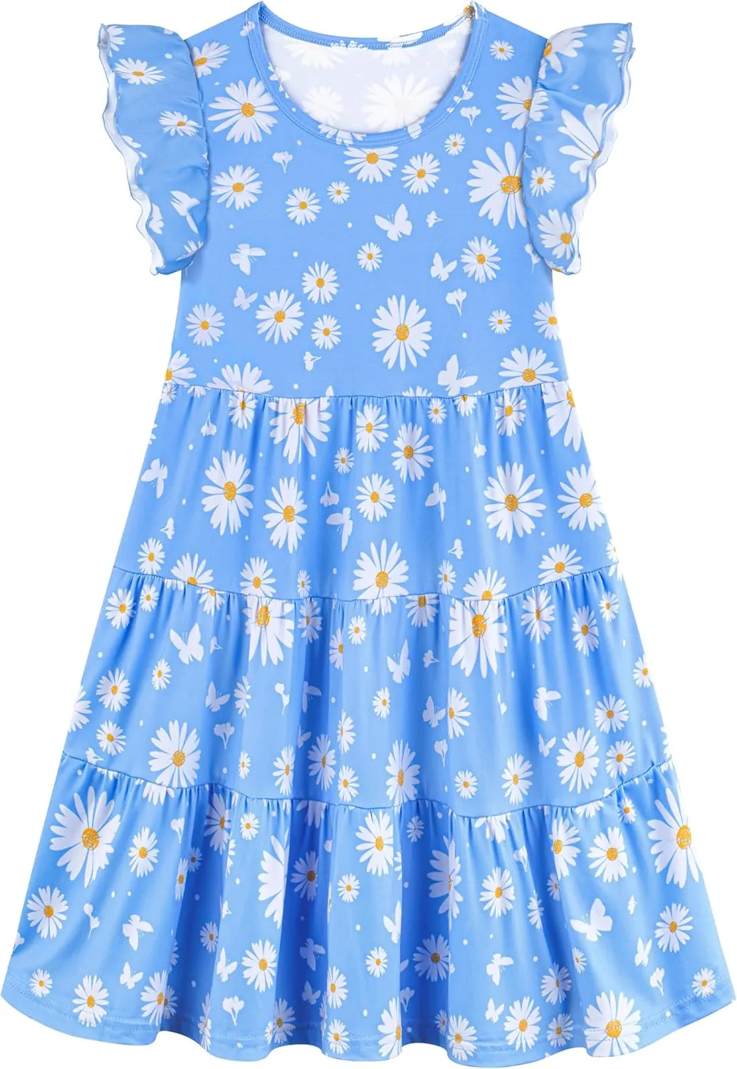 Poroka Girls Ruffle Sleeve Dress Tiered Swing A-Line Twirly Skater Dresses Kids Midi Casual Summer Sundress with Pockets