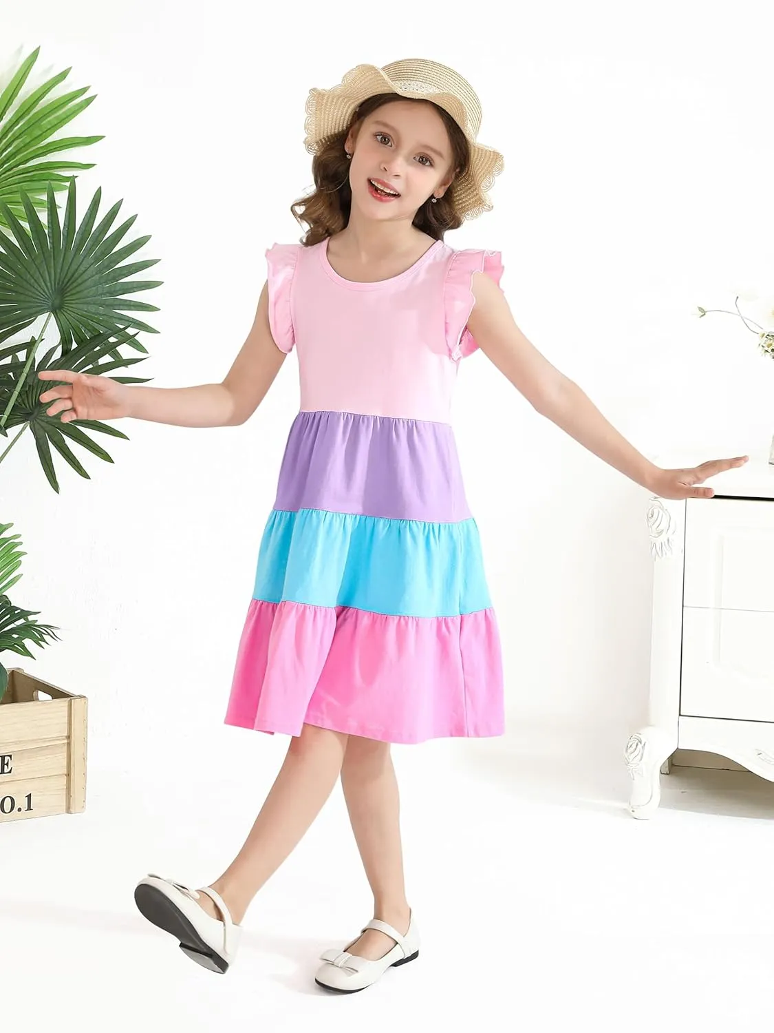 Poroka Girls Ruffle Sleeve Dress Tiered Swing A-Line Twirly Skater Dresses Kids Midi Casual Summer Sundress with Pockets