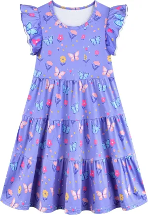Poroka Girls Ruffle Sleeve Dress Tiered Swing A-Line Twirly Skater Dresses Kids Midi Casual Summer Sundress with Pockets