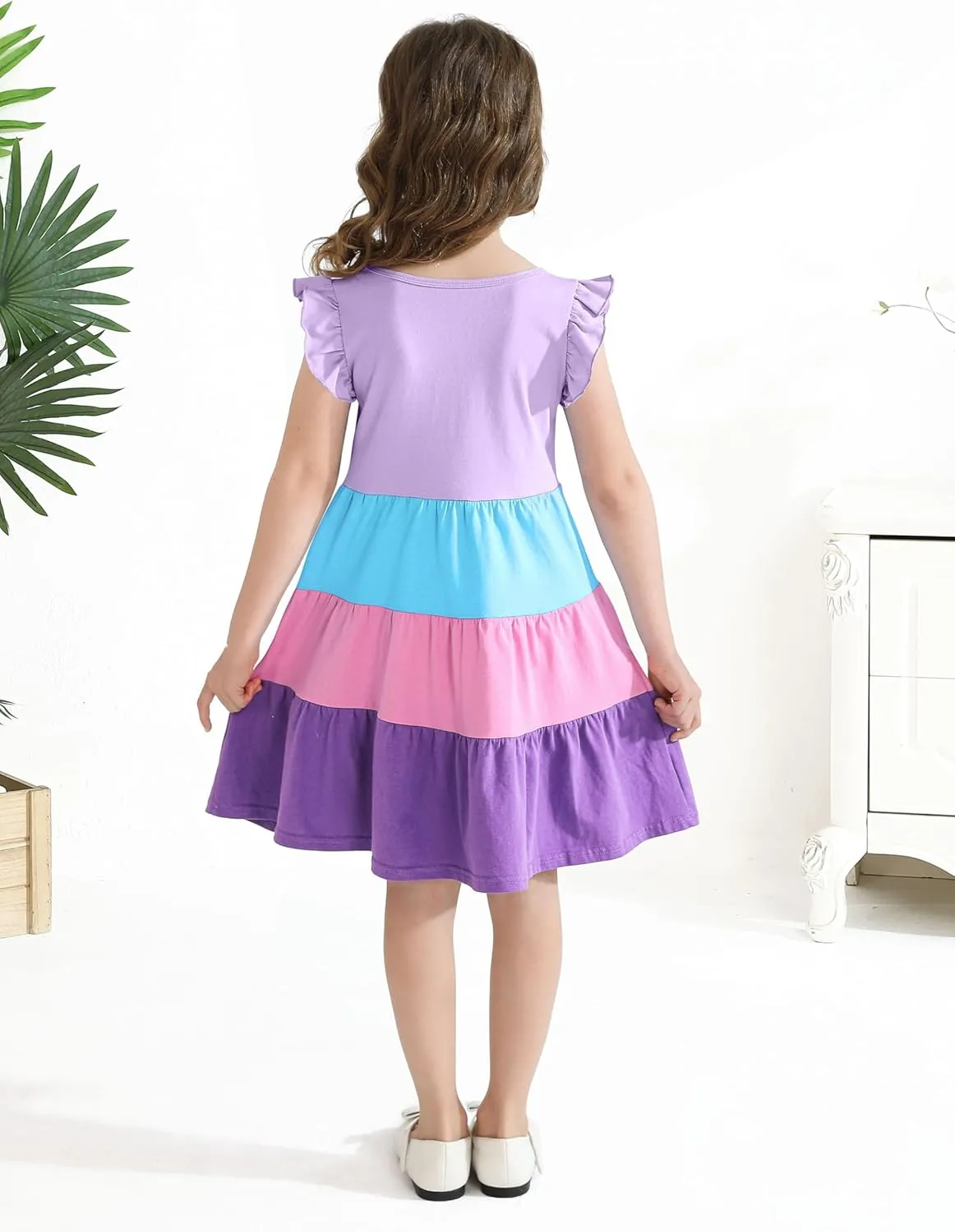 Poroka Girls Ruffle Sleeve Dress Tiered Swing A-Line Twirly Skater Dresses Kids Midi Casual Summer Sundress with Pockets