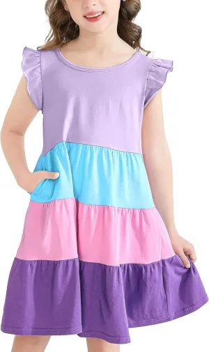 Poroka Girls Ruffle Sleeve Dress Tiered Swing A-Line Twirly Skater Dresses Kids Midi Casual Summer Sundress with Pockets