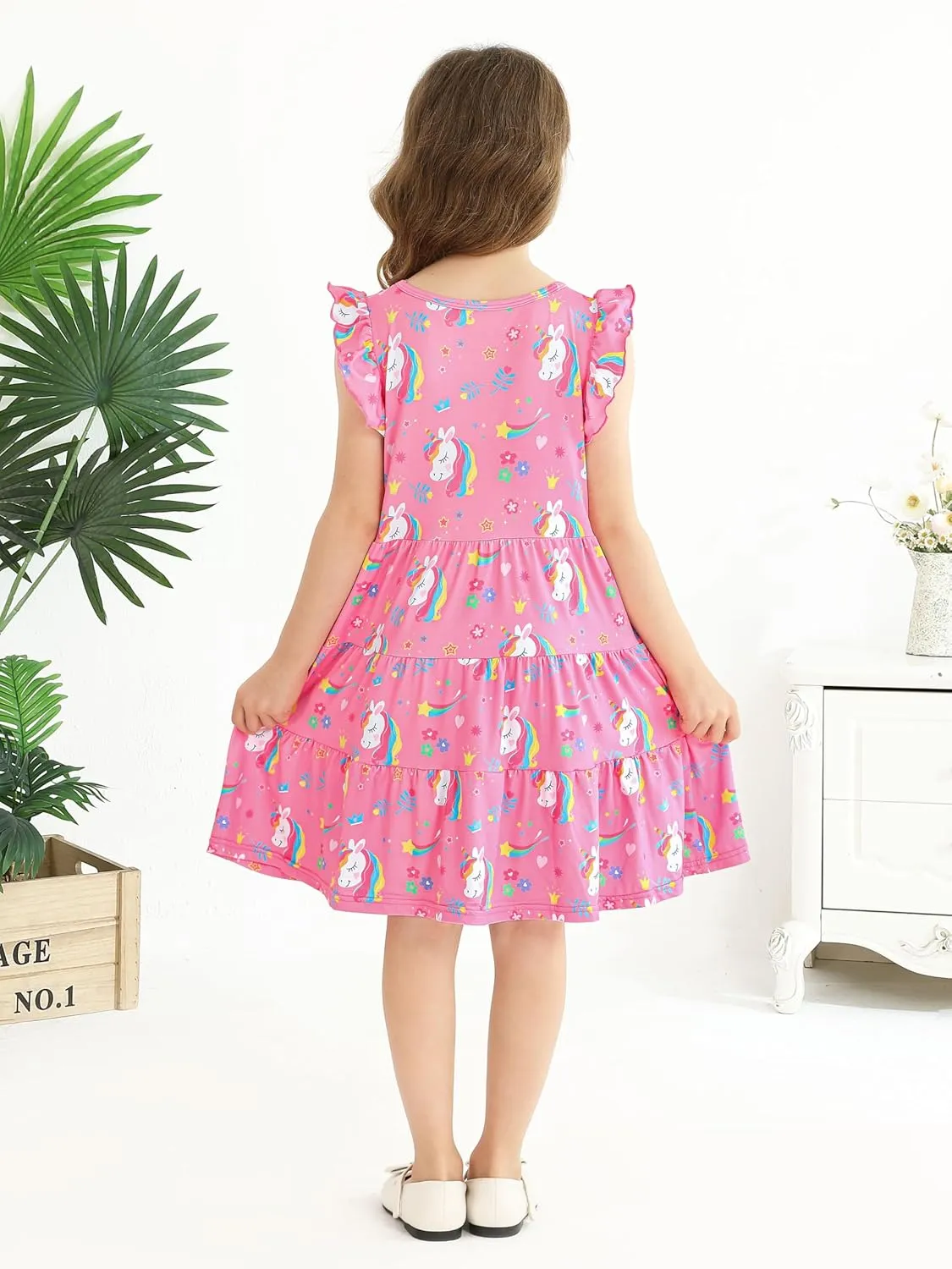 Poroka Girls Ruffle Sleeve Dress Tiered Swing A-Line Twirly Skater Dresses Kids Midi Casual Summer Sundress with Pockets