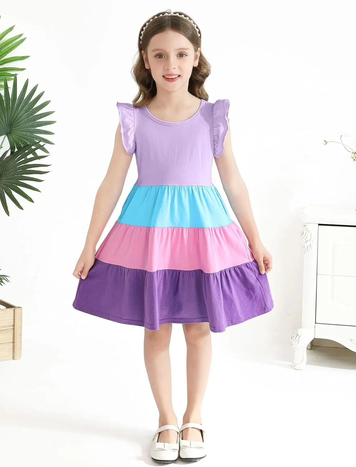 Poroka Girls Ruffle Sleeve Dress Tiered Swing A-Line Twirly Skater Dresses Kids Midi Casual Summer Sundress with Pockets