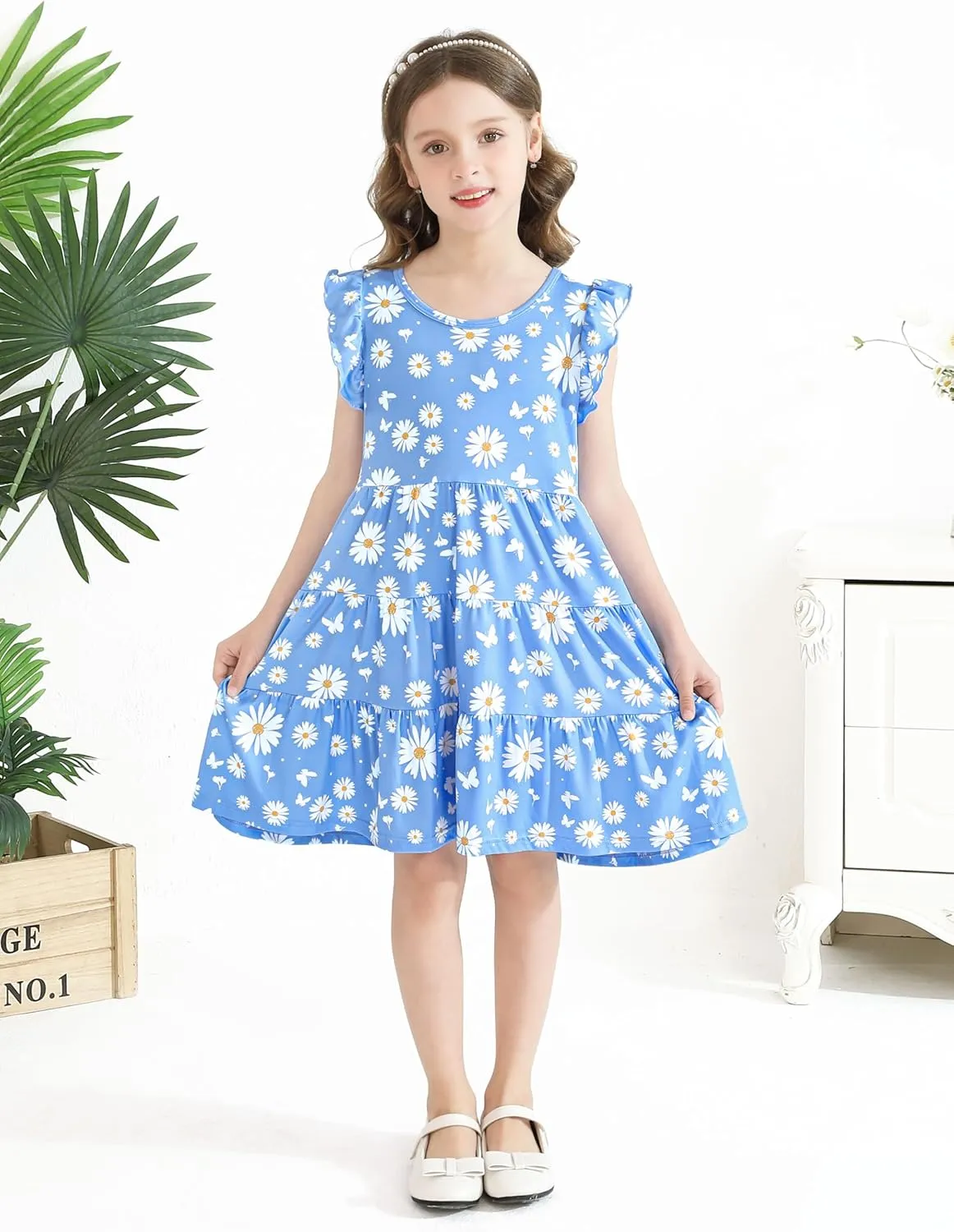Poroka Girls Ruffle Sleeve Dress Tiered Swing A-Line Twirly Skater Dresses Kids Midi Casual Summer Sundress with Pockets