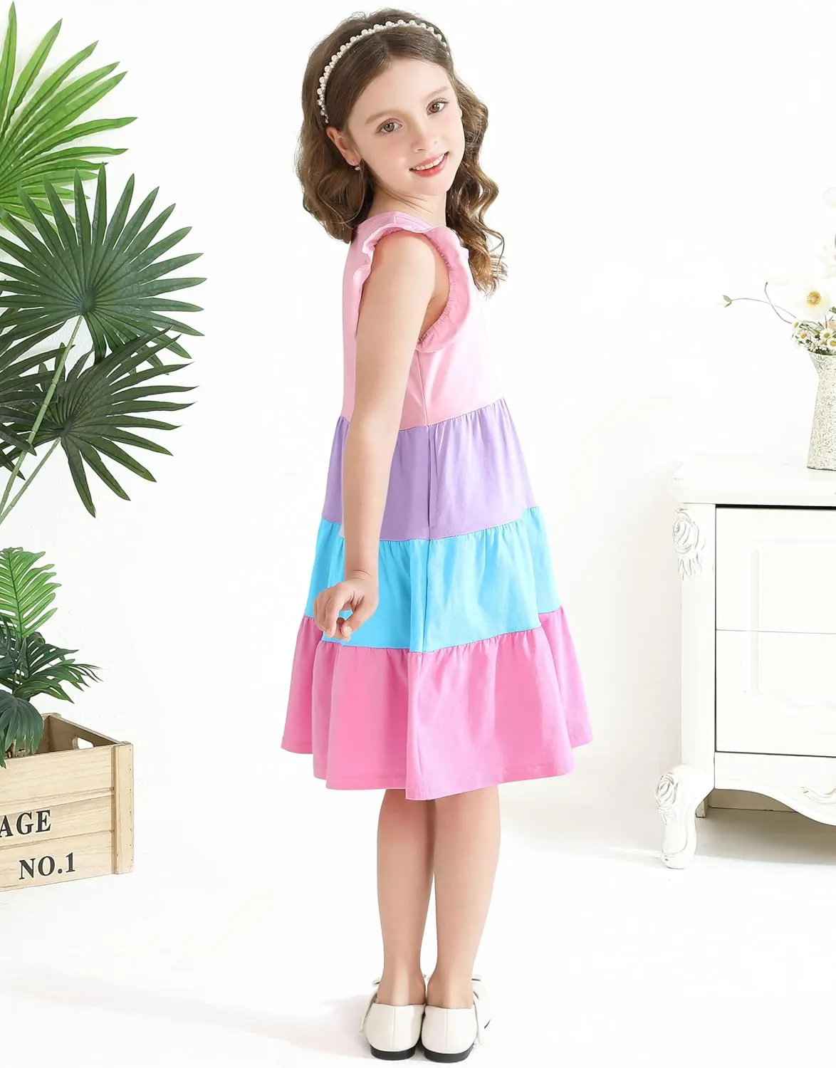 Poroka Girls Ruffle Sleeve Dress Tiered Swing A-Line Twirly Skater Dresses Kids Midi Casual Summer Sundress with Pockets
