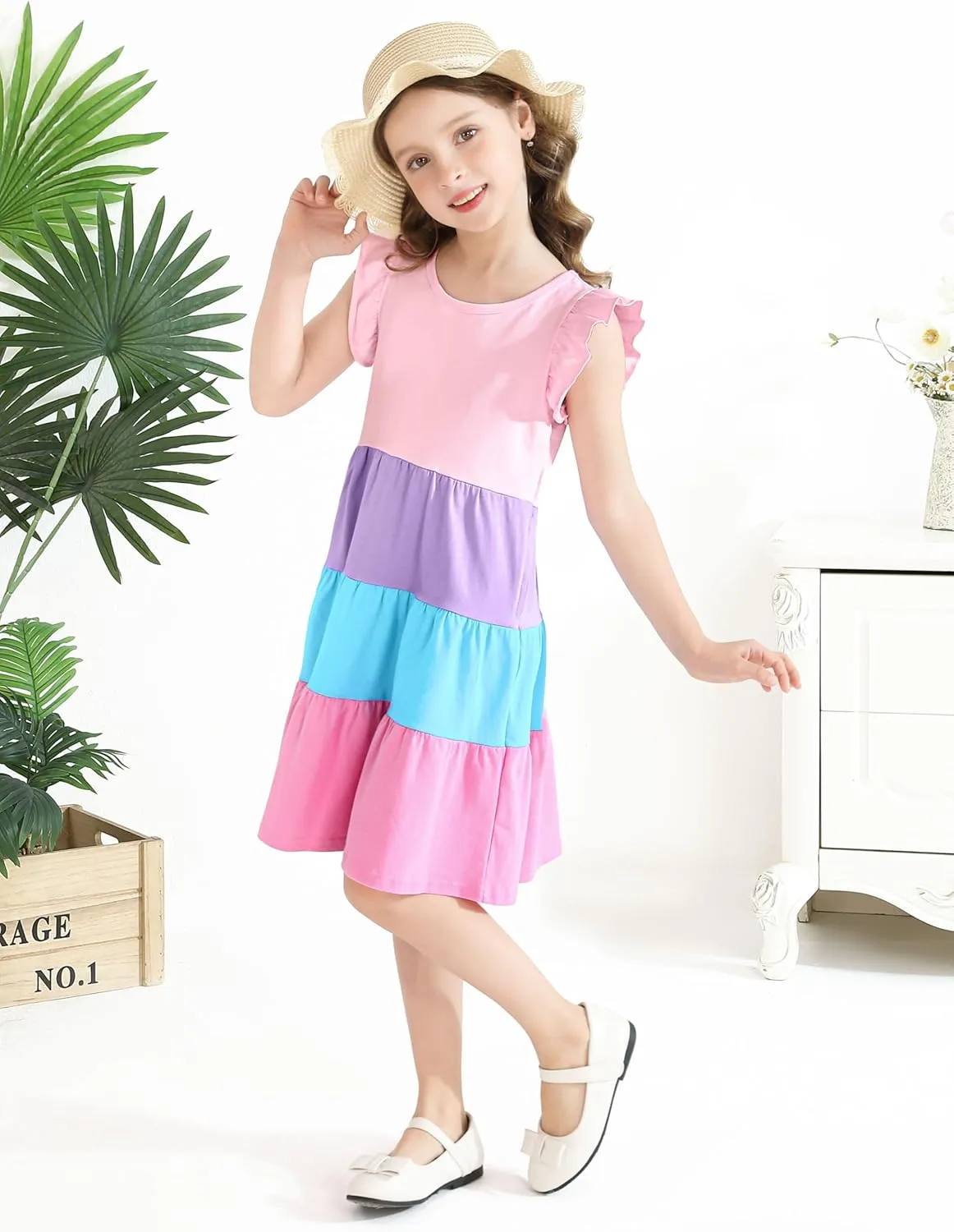 Poroka Girls Ruffle Sleeve Dress Tiered Swing A-Line Twirly Skater Dresses Kids Midi Casual Summer Sundress with Pockets