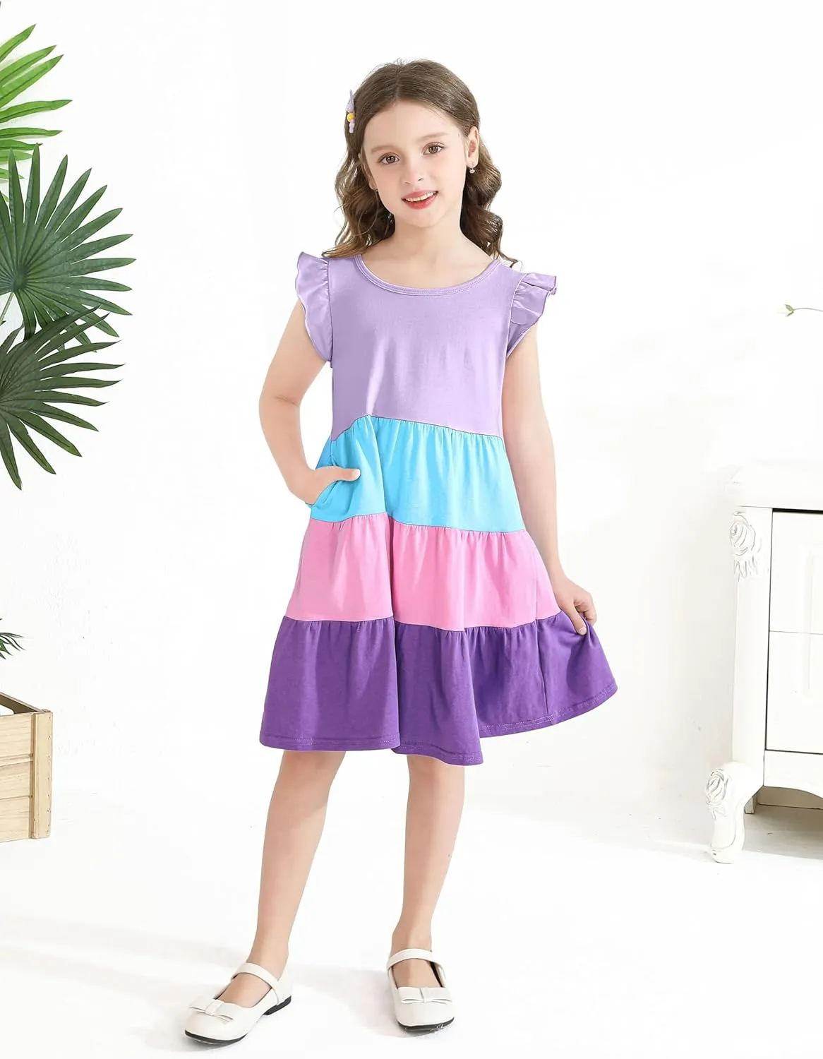 Poroka Girls Ruffle Sleeve Dress Tiered Swing A-Line Twirly Skater Dresses Kids Midi Casual Summer Sundress with Pockets