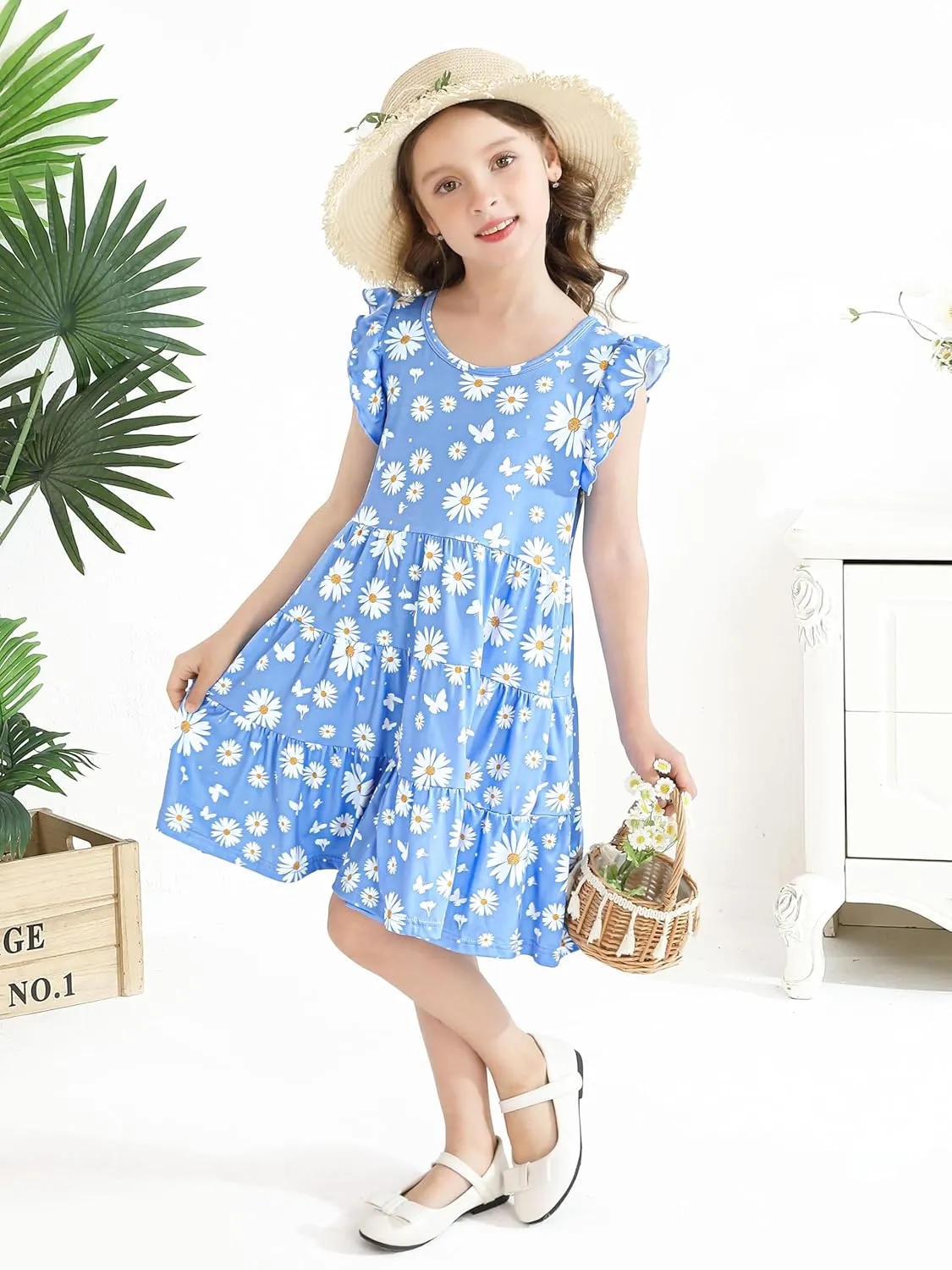 Poroka Girls Ruffle Sleeve Dress Tiered Swing A-Line Twirly Skater Dresses Kids Midi Casual Summer Sundress with Pockets