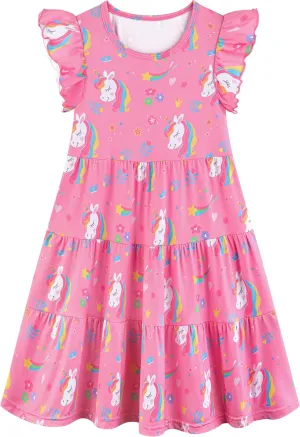 Poroka Girls Ruffle Sleeve Dress Tiered Swing A-Line Twirly Skater Dresses Kids Midi Casual Summer Sundress with Pockets