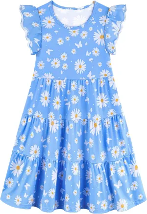 Poroka Girls Ruffle Sleeve Dress Tiered Swing A-Line Twirly Skater Dresses Kids Midi Casual Summer Sundress with Pockets