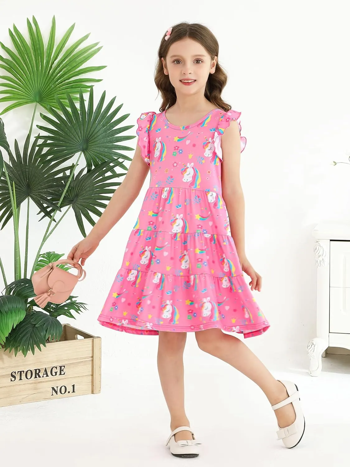 Poroka Girls Ruffle Sleeve Dress Tiered Swing A-Line Twirly Skater Dresses Kids Midi Casual Summer Sundress with Pockets