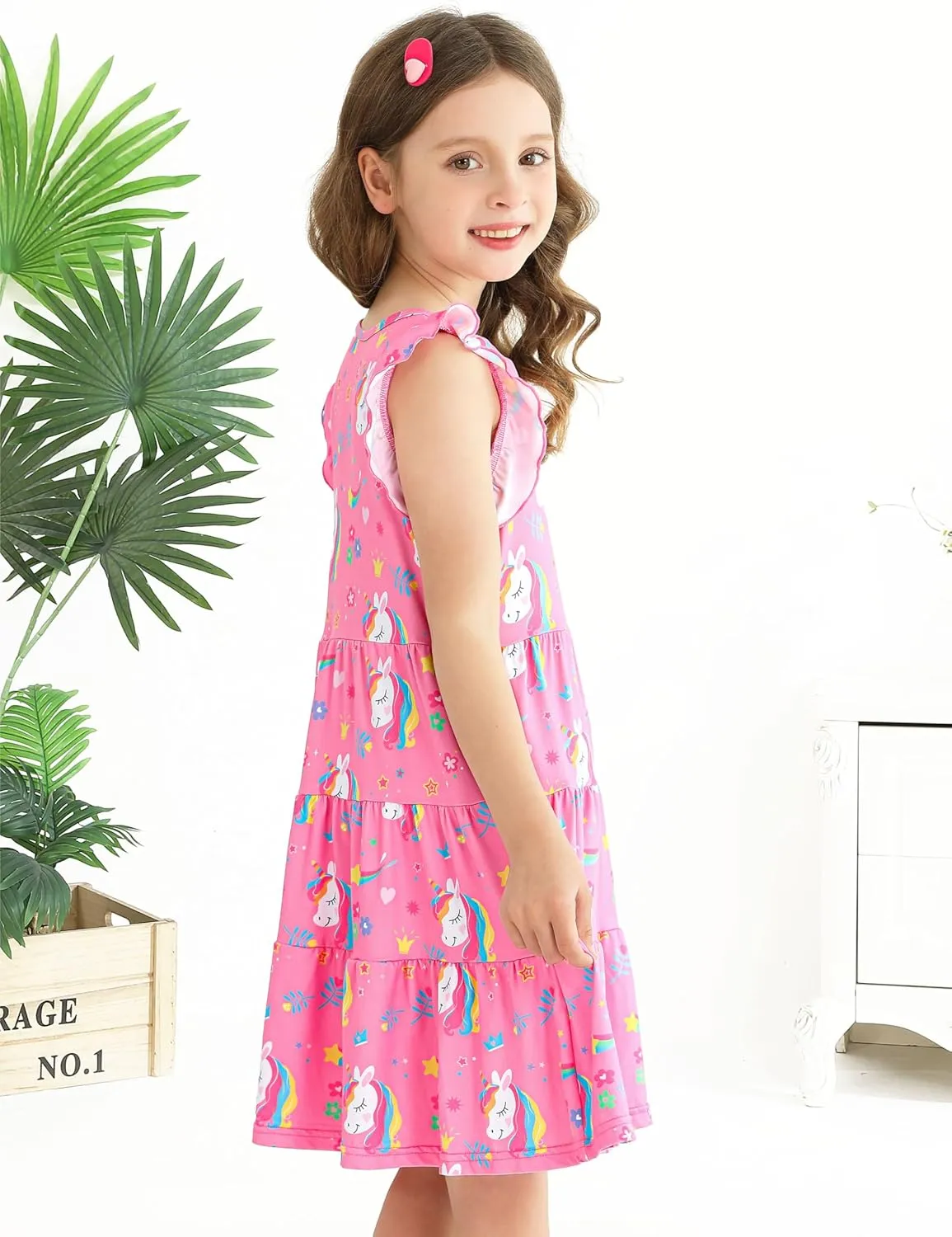 Poroka Girls Ruffle Sleeve Dress Tiered Swing A-Line Twirly Skater Dresses Kids Midi Casual Summer Sundress with Pockets