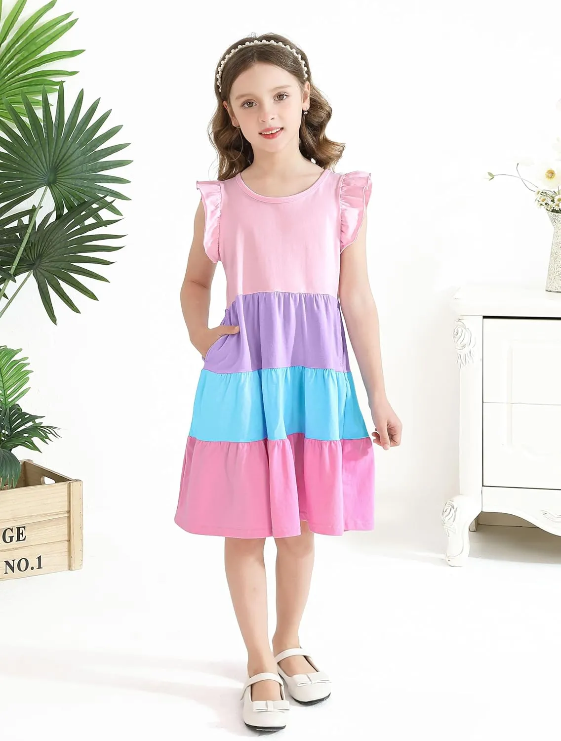 Poroka Girls Ruffle Sleeve Dress Tiered Swing A-Line Twirly Skater Dresses Kids Midi Casual Summer Sundress with Pockets
