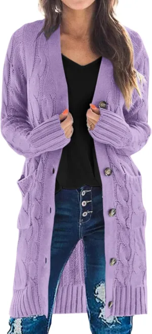 PRETTYGARDEN Long Sleeve Cable Knit Long Cardigan for Women 2025 Fall Winter Chunky Open Front Button Sweaters with Pockets