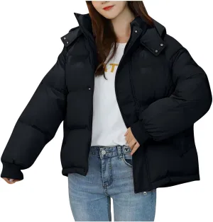 Puffer Jacket for Women Trendy Zip Up Hooded Padded Down Coat Parkas 2024 Winter Warm Quilted Outerwear with Pockets