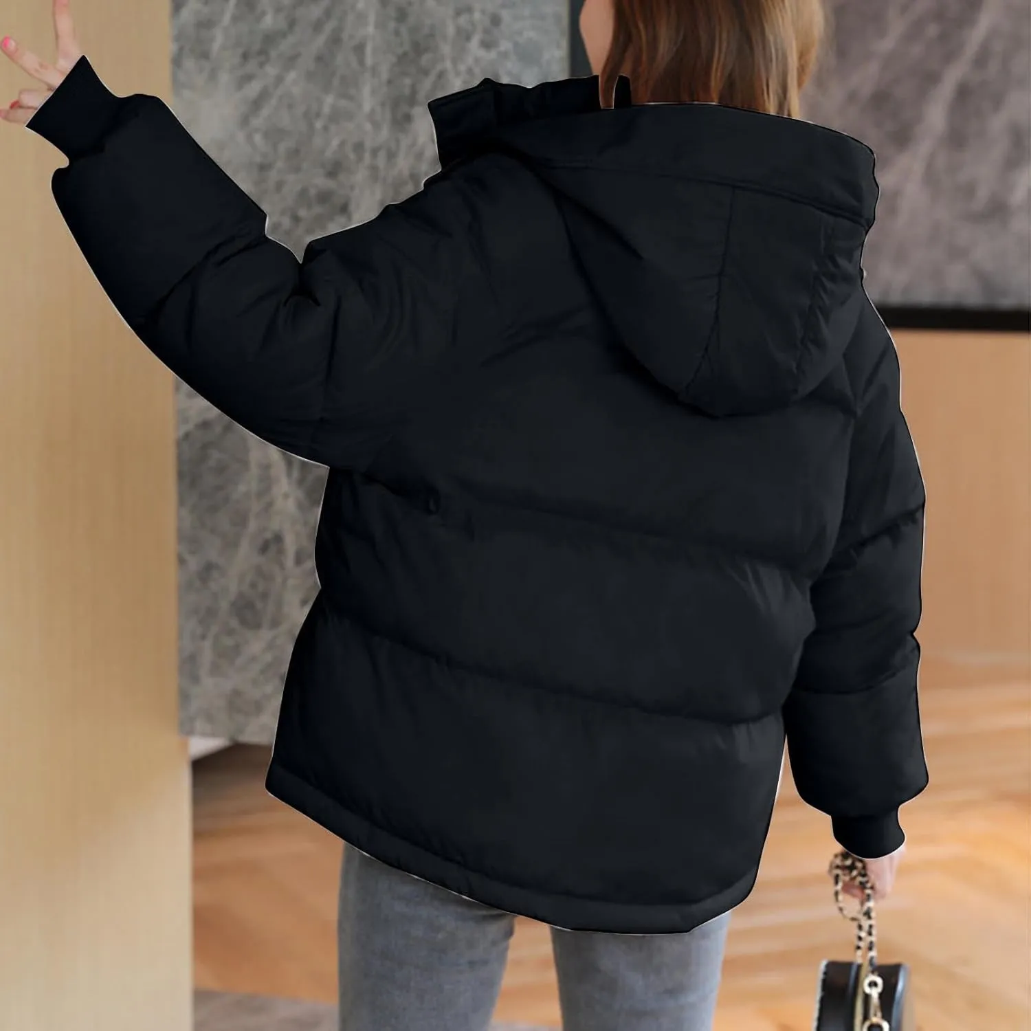 Puffer Jacket for Women Trendy Zip Up Hooded Padded Down Coat Parkas 2024 Winter Warm Quilted Outerwear with Pockets