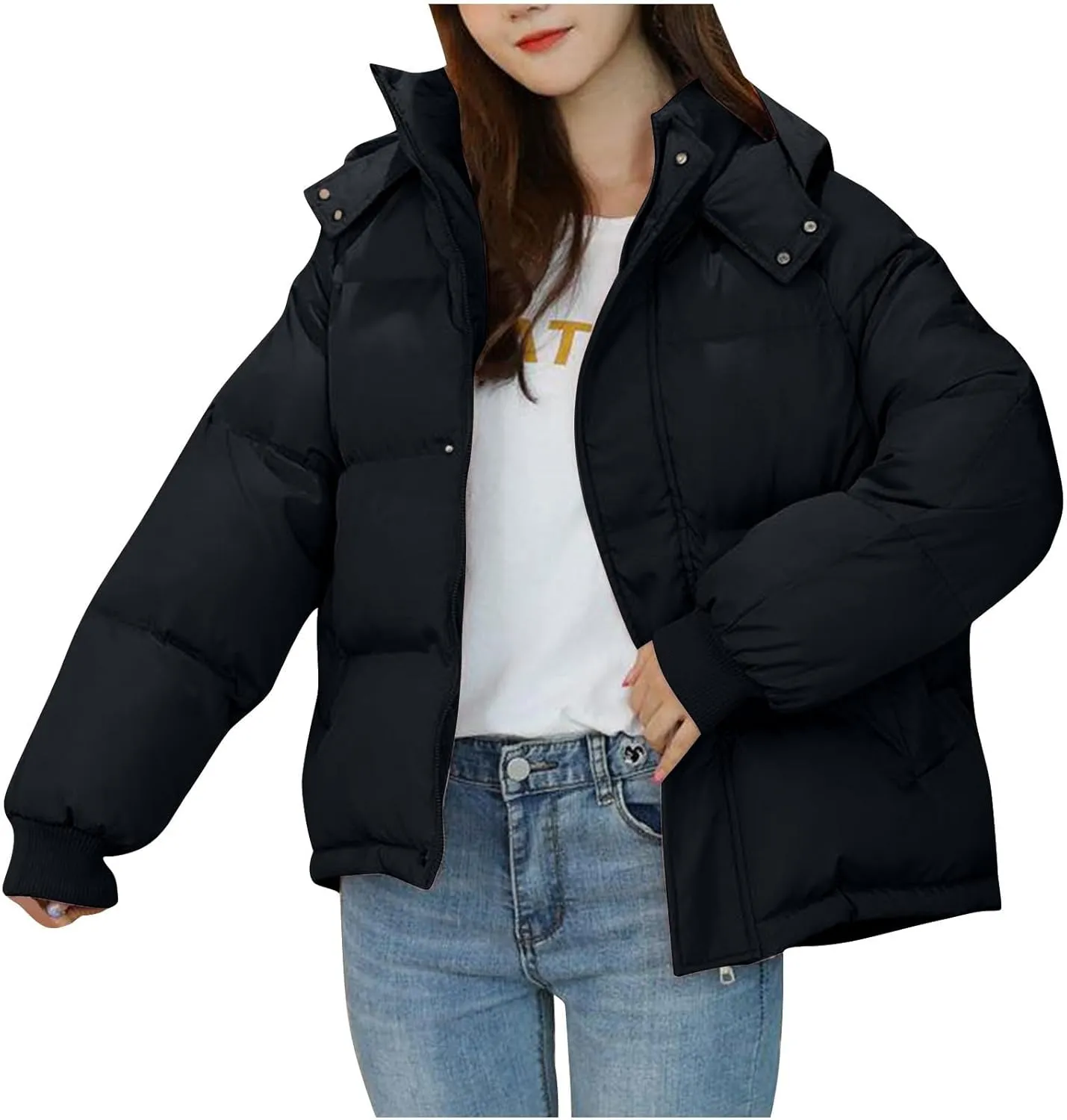 Puffer Jacket for Women Trendy Zip Up Hooded Padded Down Coat Parkas 2024 Winter Warm Quilted Outerwear with Pockets