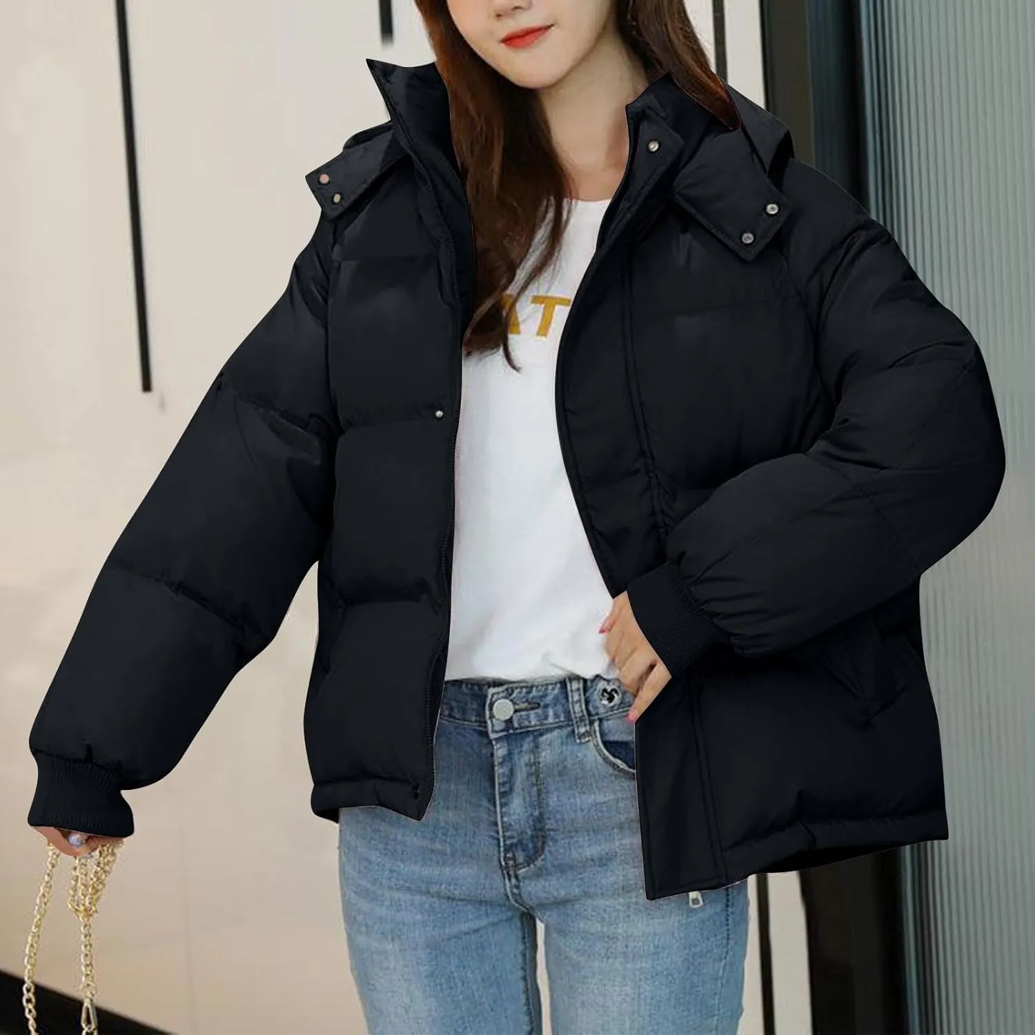 Puffer Jacket for Women Trendy Zip Up Hooded Padded Down Coat Parkas 2024 Winter Warm Quilted Outerwear with Pockets
