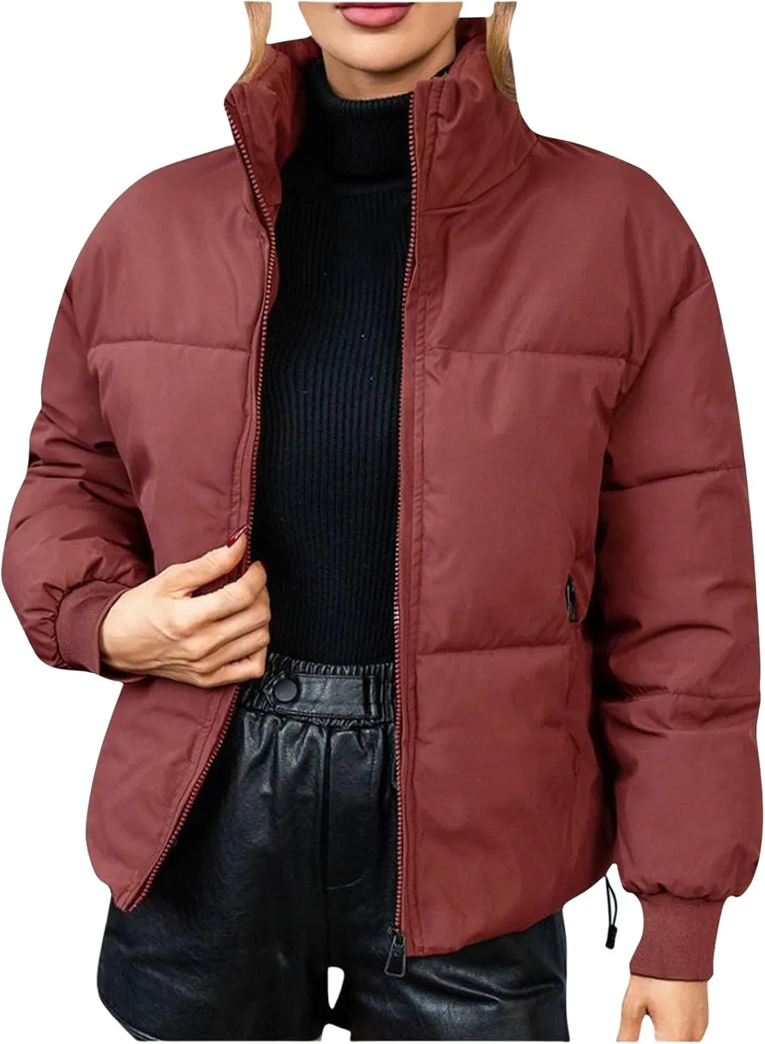 Quilted Coats for Women Long Sleeve Zip Up Jackets Casual Loose Puffer Jackets Mock-Neck Tops Oversized Down Coats