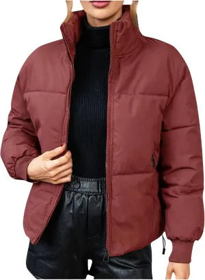 Quilted Coats for Women Long Sleeve Zip Up Jackets Casual Loose Puffer Jackets Mock-Neck Tops Oversized Down Coats