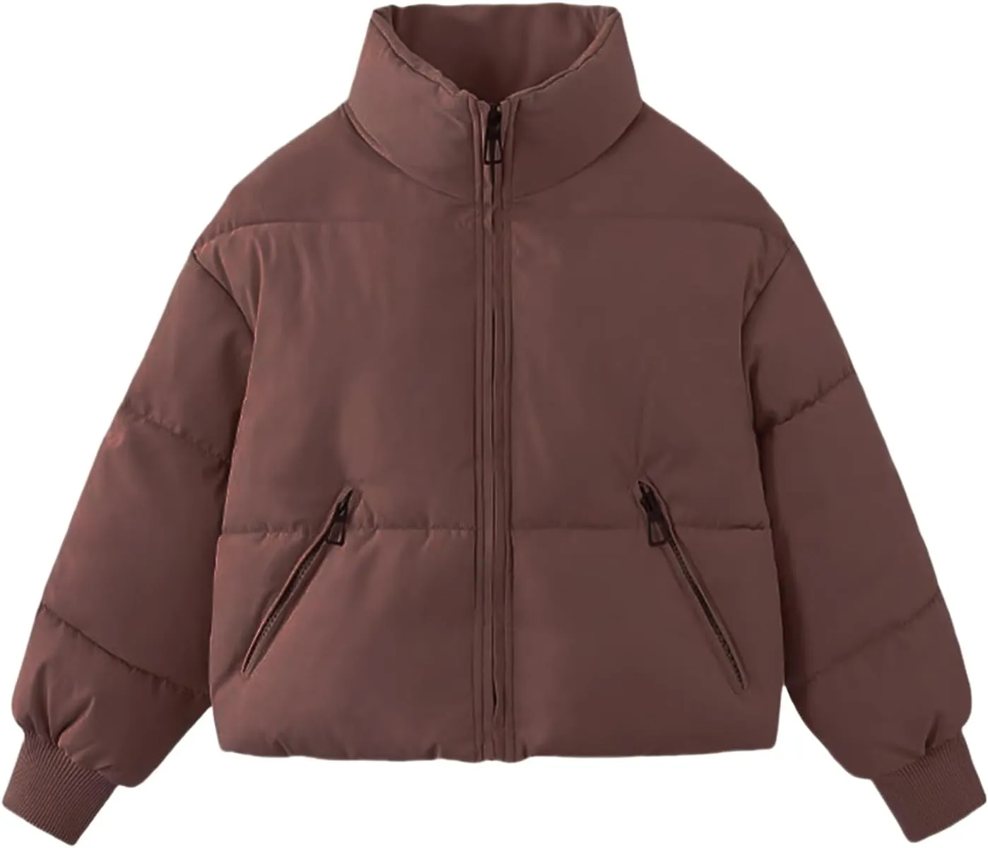 Quilted Coats for Women Long Sleeve Zip Up Jackets Casual Loose Puffer Jackets Mock-Neck Tops Oversized Down Coats