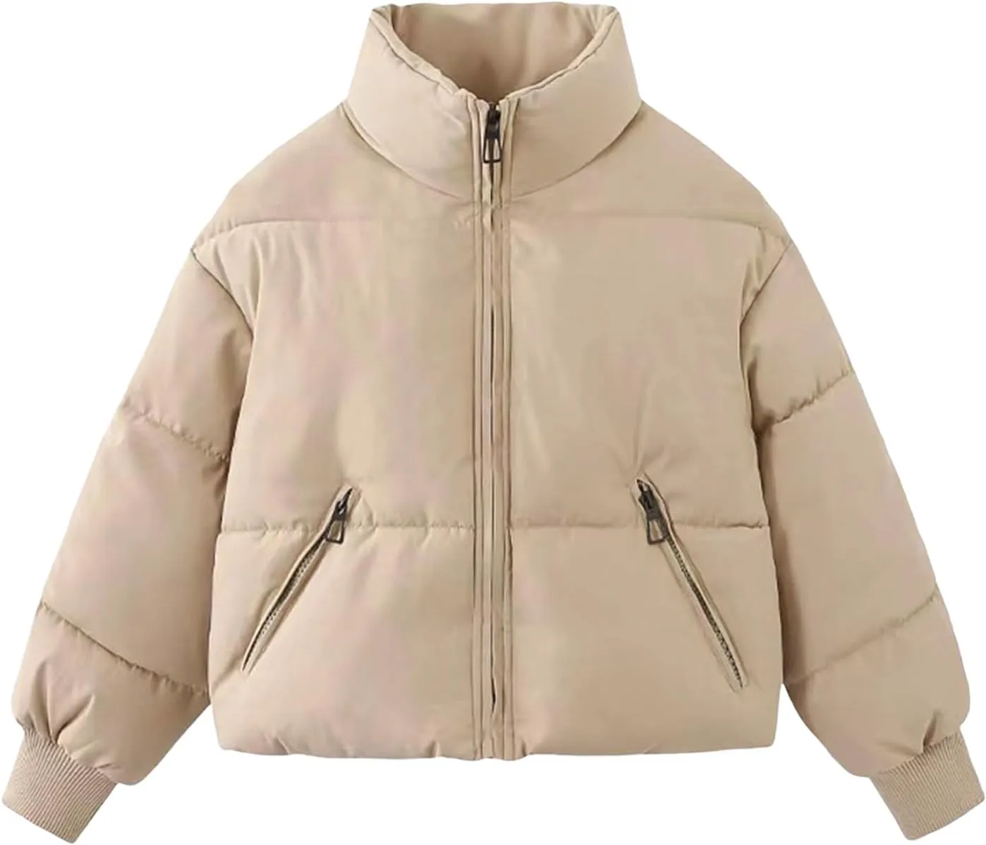 Quilted Coats for Women Long Sleeve Zip Up Jackets Casual Loose Puffer Jackets Mock-Neck Tops Oversized Down Coats
