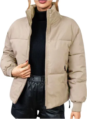 Quilted Coats for Women Long Sleeve Zip Up Jackets Casual Loose Puffer Jackets Mock-Neck Tops Oversized Down Coats