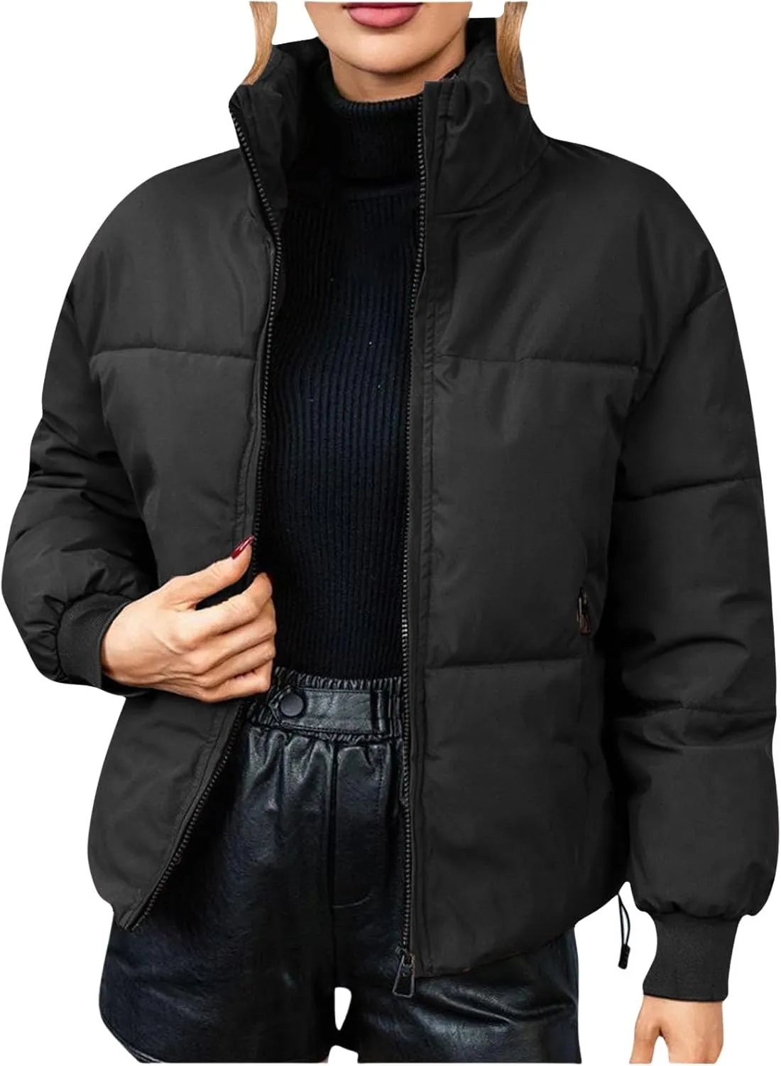 Quilted Coats for Women Long Sleeve Zip Up Jackets Casual Loose Puffer Jackets Mock-Neck Tops Oversized Down Coats