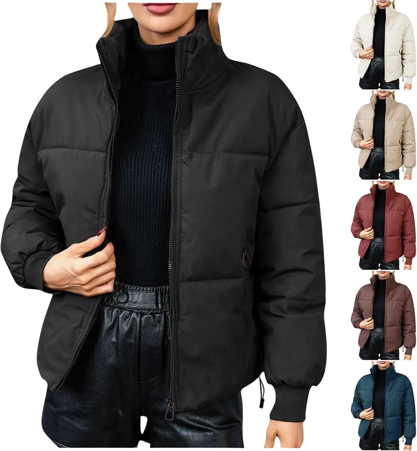 Quilted Coats for Women Long Sleeve Zip Up Jackets Casual Loose Puffer Jackets Mock-Neck Tops Oversized Down Coats