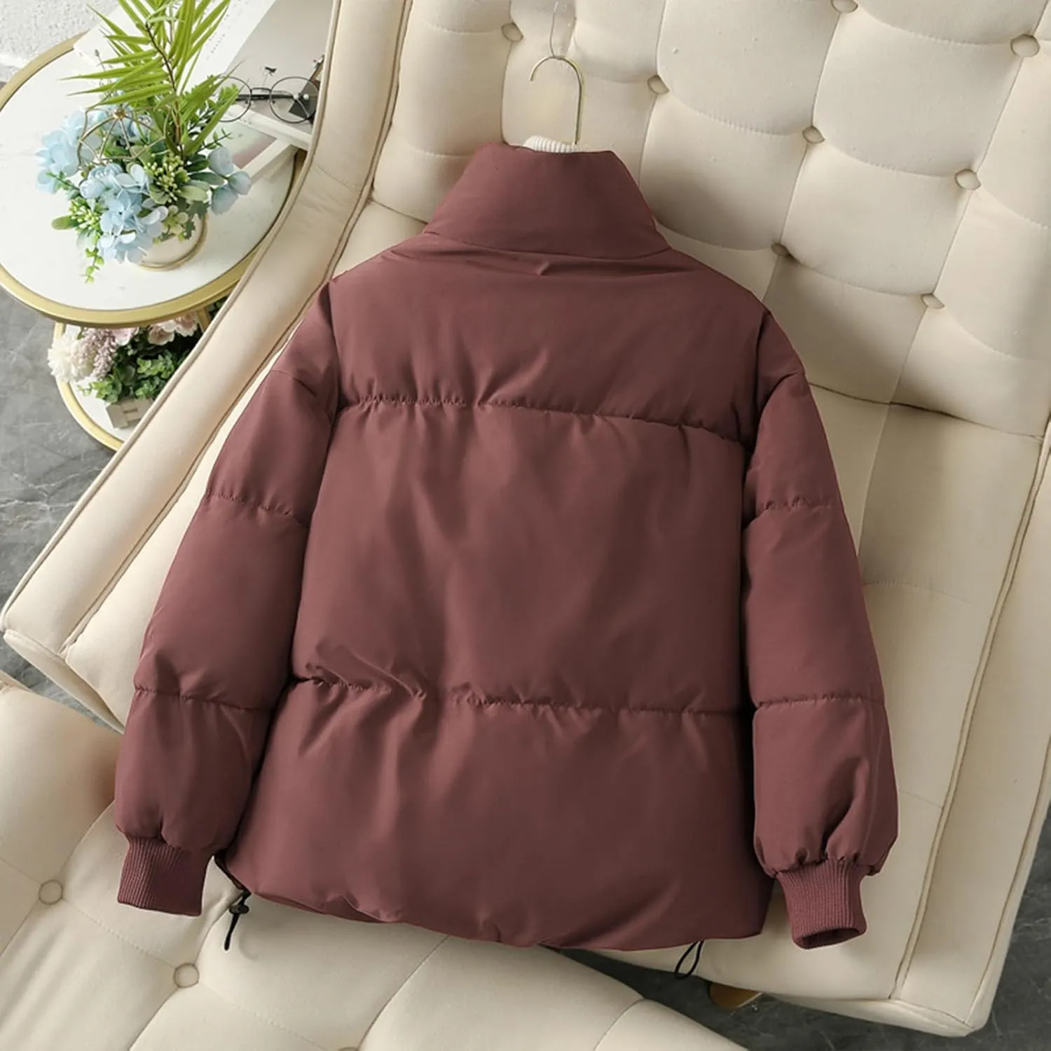 Quilted Coats for Women Long Sleeve Zip Up Jackets Casual Loose Puffer Jackets Mock-Neck Tops Oversized Down Coats