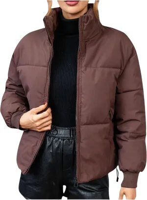 Quilted Coats for Women Long Sleeve Zip Up Jackets Casual Loose Puffer Jackets Mock-Neck Tops Oversized Down Coats