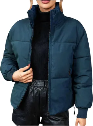 Quilted Coats for Women Long Sleeve Zip Up Jackets Casual Loose Puffer Jackets Mock-Neck Tops Oversized Down Coats