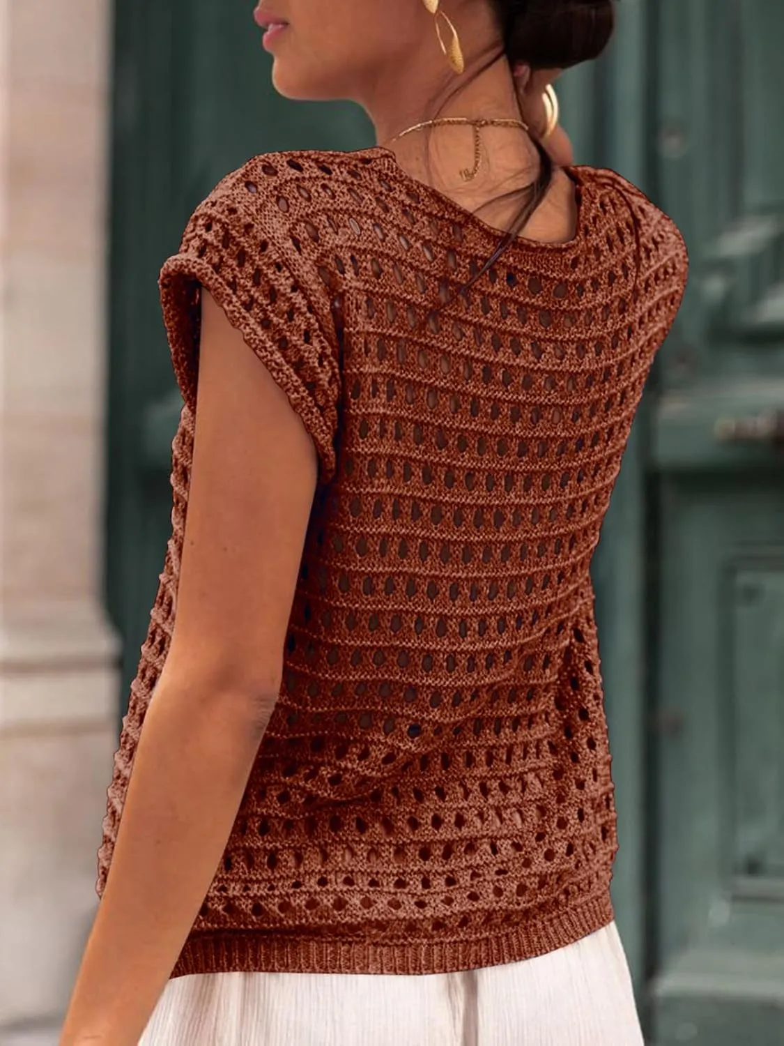 Saodimallsu Womens Tie Crochet Shrug Short Sleeve Open Front Lightweight Knit Cropped Cardigan Sweaters Cover Up
