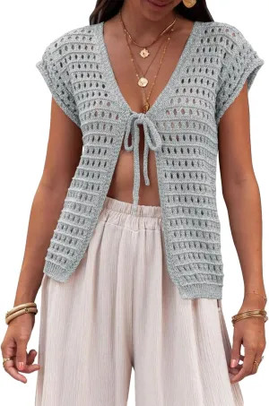 Saodimallsu Womens Tie Crochet Shrug Short Sleeve Open Front Lightweight Knit Cropped Cardigan Sweaters Cover Up